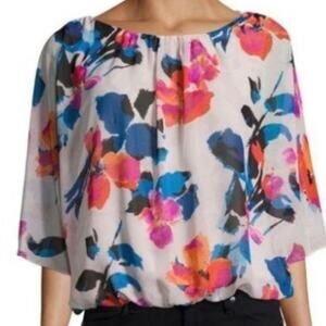 Vince Camuto Sheer Pleated Elastic Hem Blouse Top Shirt Medium